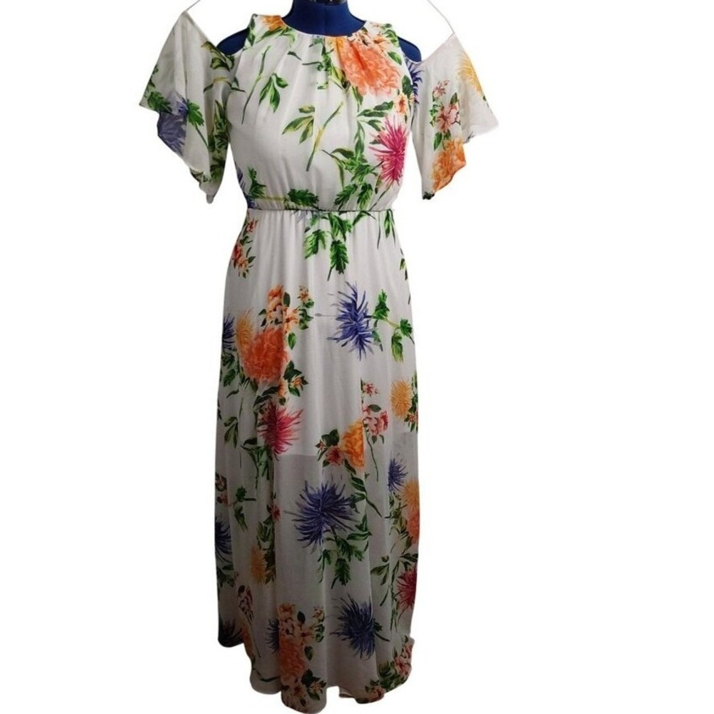 Calvin Klein Women White Floral Cold Shoulder Maxi Dress Size 8 Multi Color